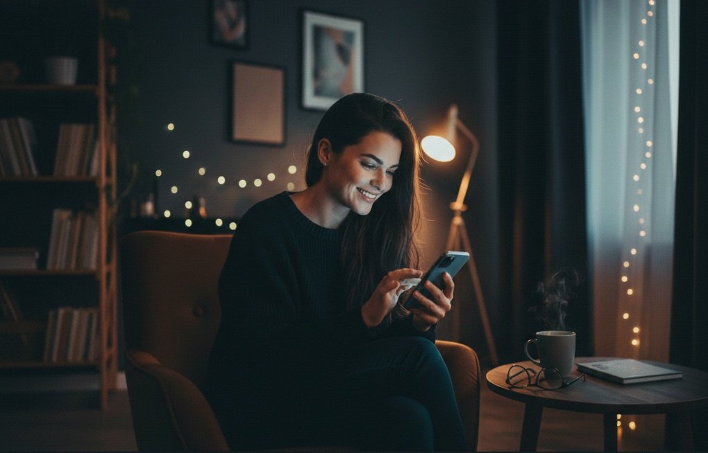 Influenciadora digital sorridente sentada, usando seu smartphone conferindo os números da estratégia da HighLight